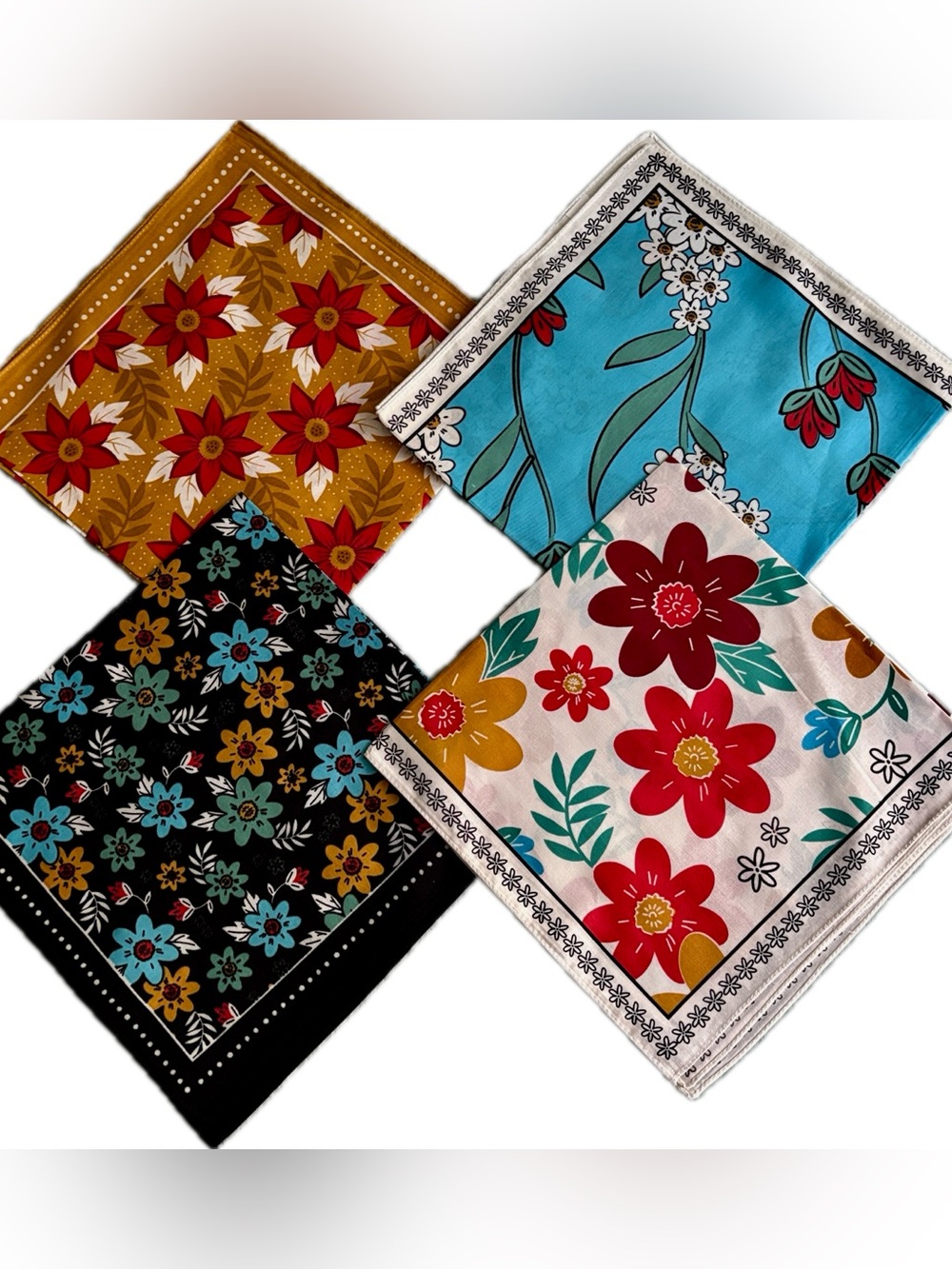 Set of Four Beautiful COTTON Bandanas 22x22 inches Handkerchiefs Headbands NEW